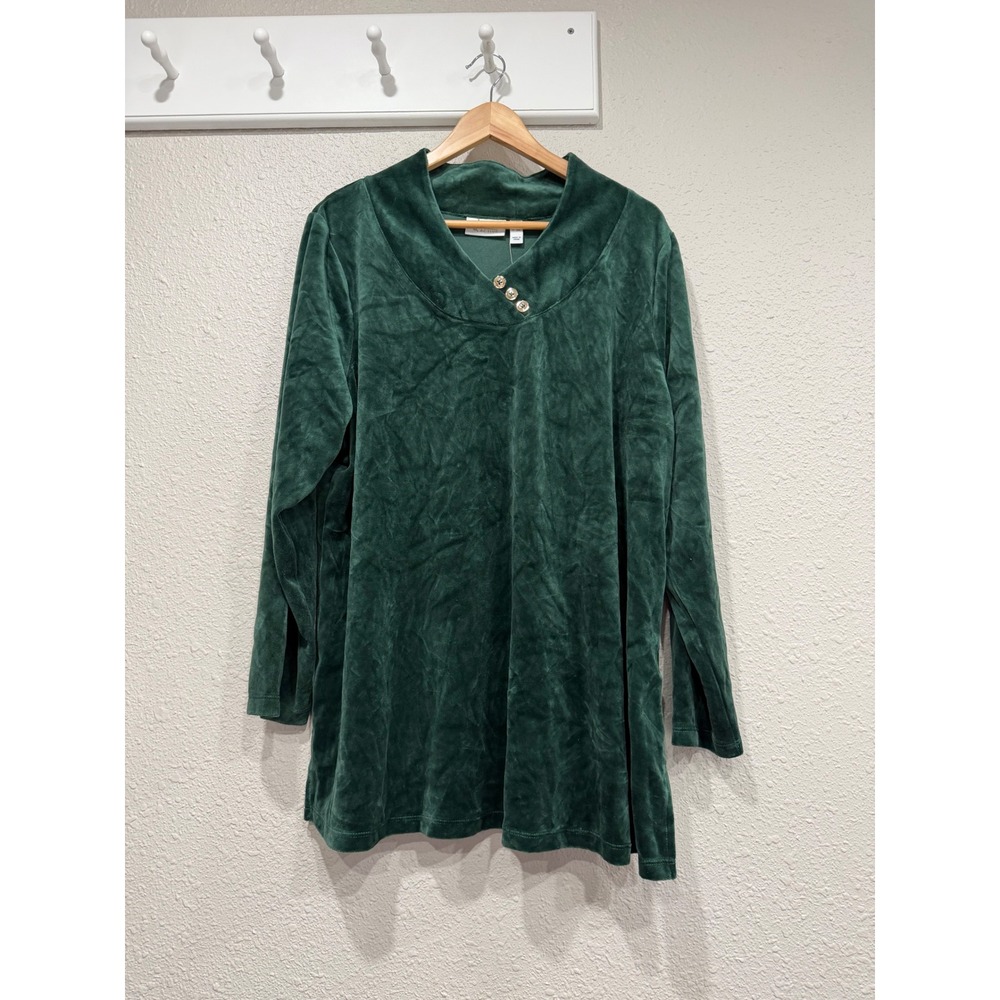 Denim & Co Active Velour Tunic Top Green Gold Button Shawl Collar 1X A371431 NWT